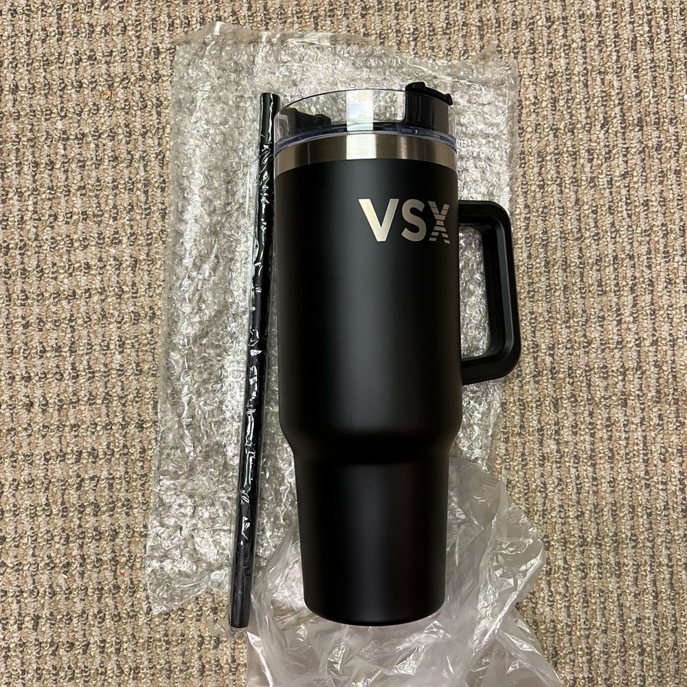 new Victoria Secret VSX Matte Black METAL water bottle cup Handle & Straw 40 oz